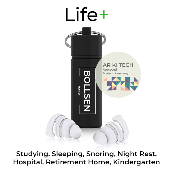 Black container with BOLLSEN Earplugs Hearing Protection in white and grey.