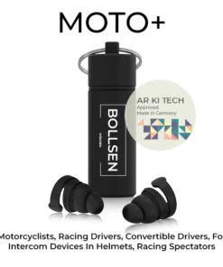 Black cylindrical container with BOLLSEN Earplugs Hearing Protection in black and grey.
