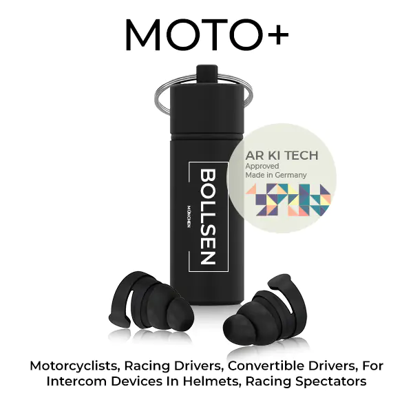 Black cylindrical container with BOLLSEN Earplugs Hearing Protection in black and grey.