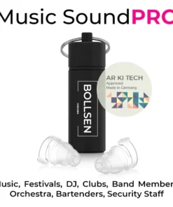 Black container with BOLLSEN Earplugs Hearing Protection, two clear earplugs beside it.