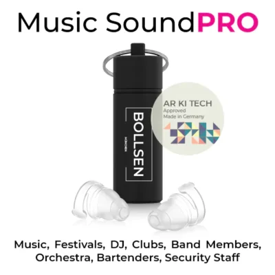 Black container with BOLLSEN Earplugs Hearing Protection, two clear earplugs beside it.