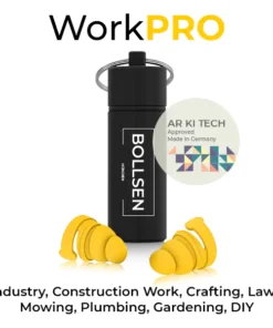 Black container with silver keyring and yellow BOLLSEN Earplugs Hearing Protection on white background.