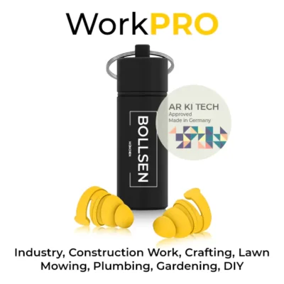 Black container with silver keyring and yellow BOLLSEN Earplugs Hearing Protection on white background.