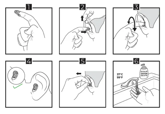 Instructions for cleaning ear devices with hand gestures and soap.