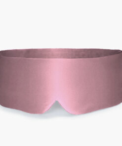 Pink satin sleep mask with a smooth surface and rounded edges.