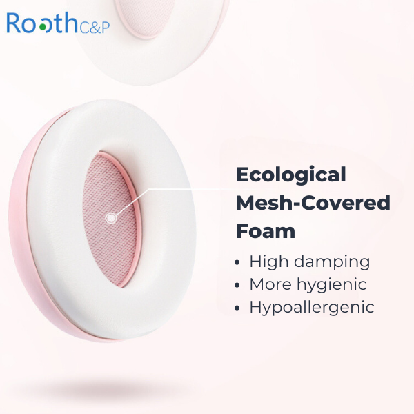 Pink baby earmuffs with ecological mesh cover explanation