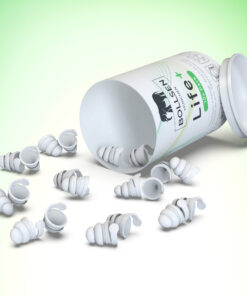 White ear plugs scattered beside an open, white cylindrical container on a gradient background.