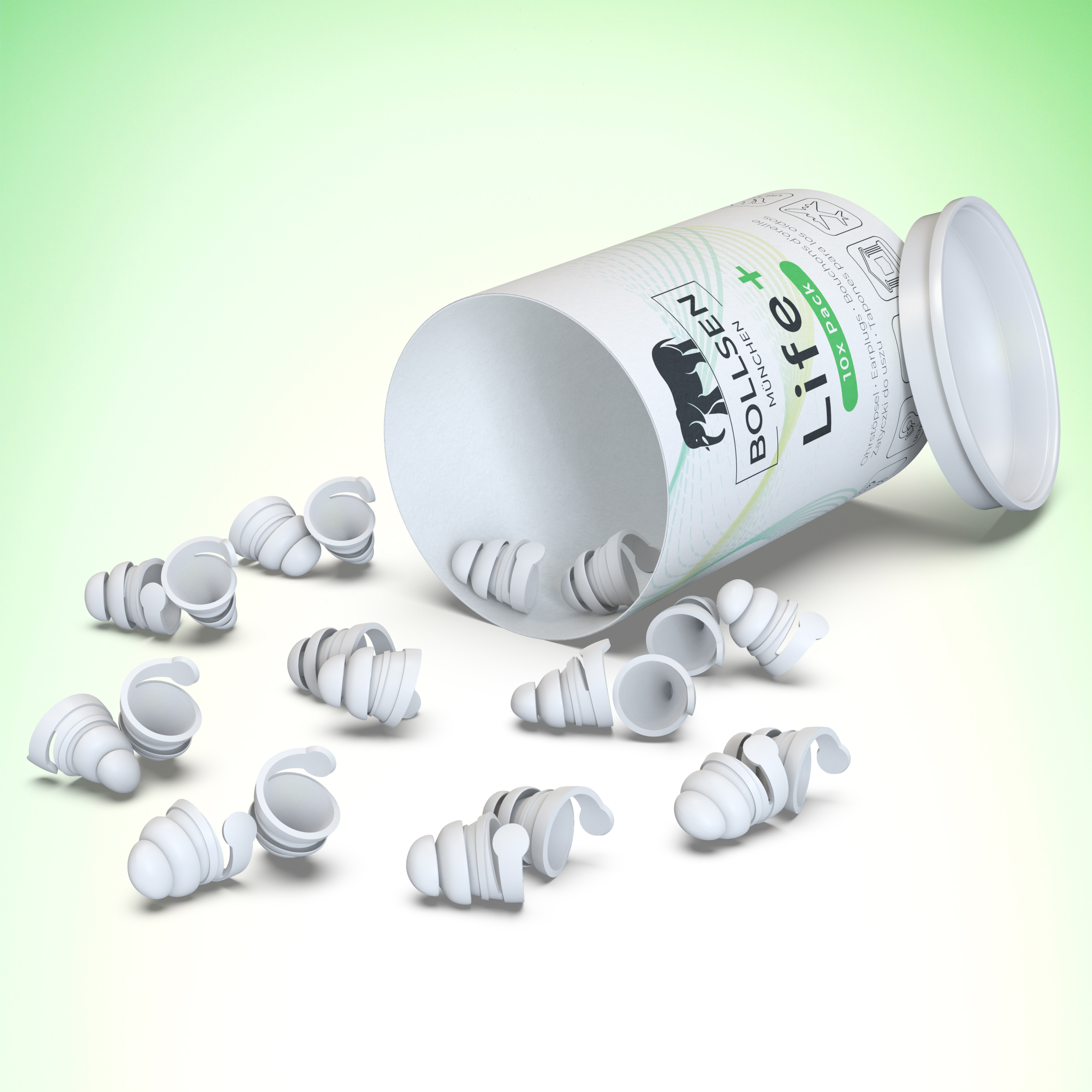 White ear plugs scattered beside an open, white cylindrical container on a gradient background.
