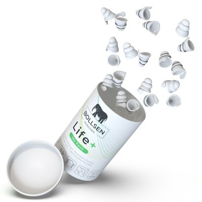 White earplugs scattered around a cylindrical container labeled "Life+" in green text.