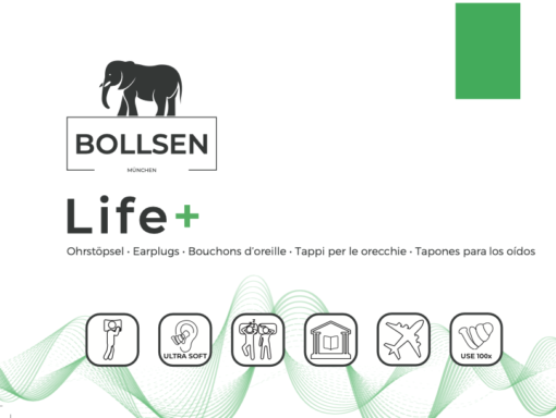 Logo featuring an elephant, green accents, and icons for earplugs and usage instructions.