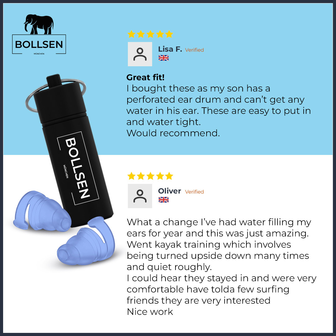 Black water bottle with "BOLL SEN" logo and blue earplugs beside it.