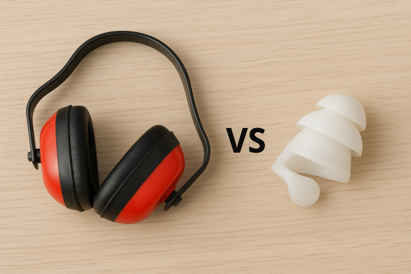 Red and black ear defenders next to white silicone earplugs on wooden surface.