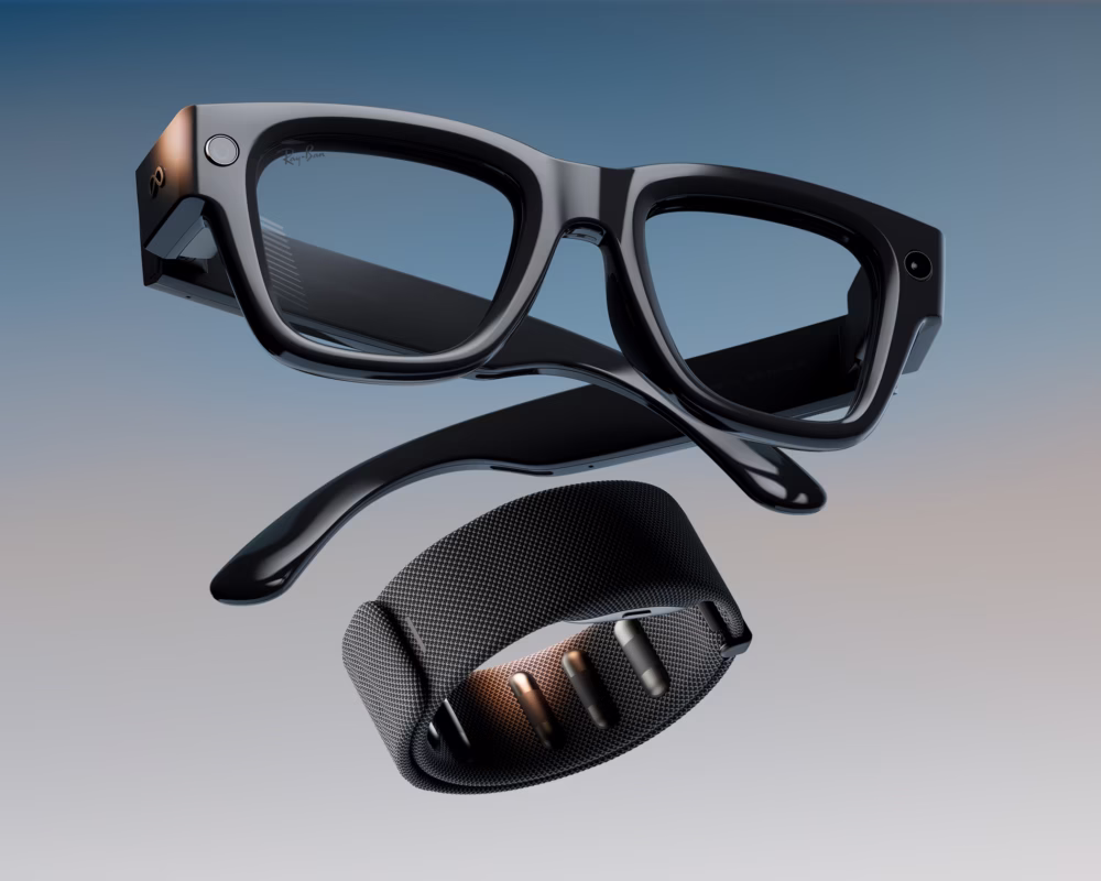 Black sunglasses, a black fitness band, and against a gradient background.