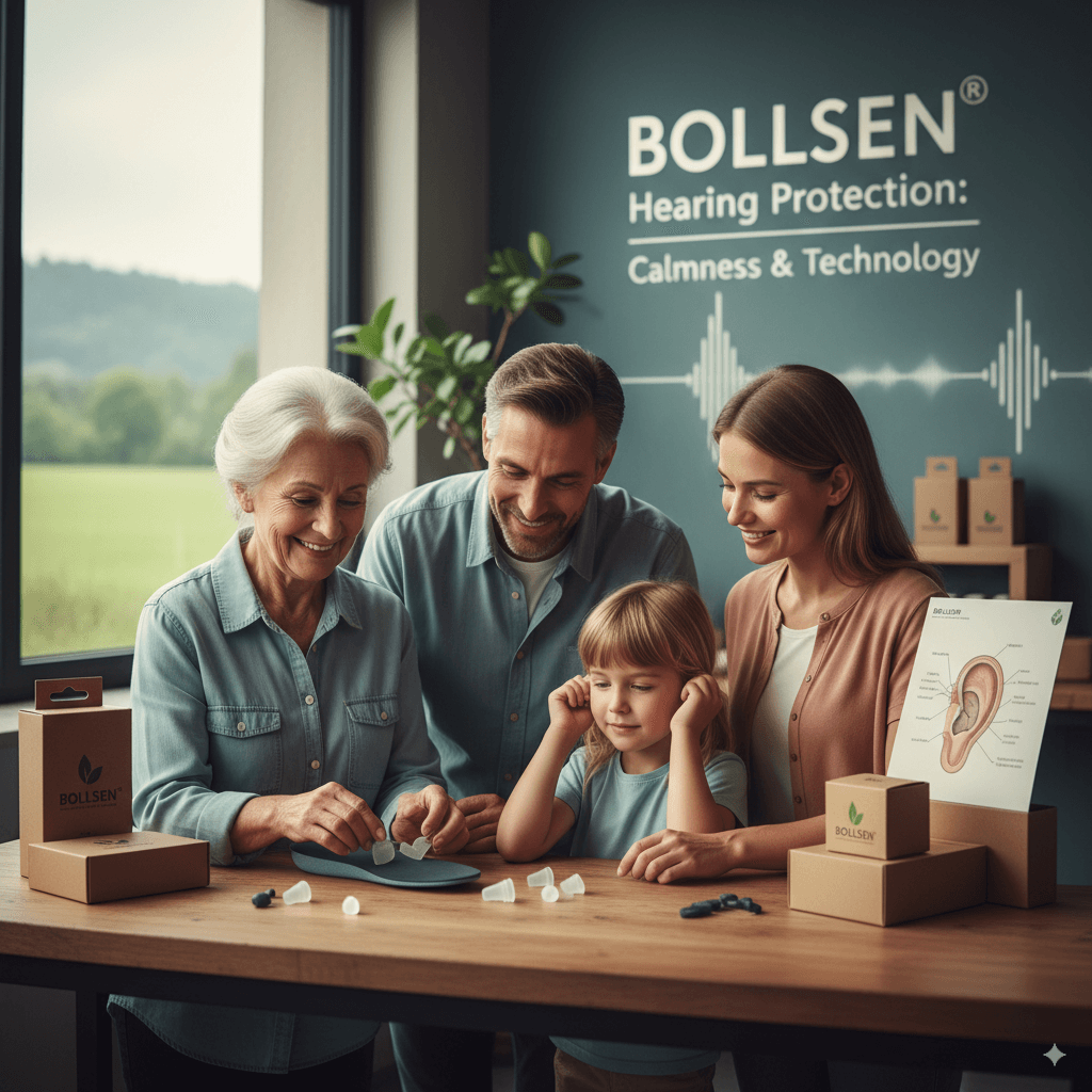 Family gathered around a table, examining BOLLSEN Earplugs Hearing Protection in various colours.