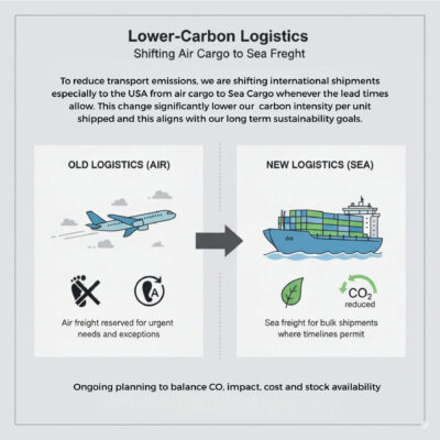 Infographic comparing air and sea logistics, featuring an airplane, cargo ship, and green elements.