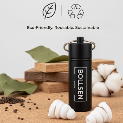 Black container with BOLLSEN Earplugs Hearing Protection, white cotton, and green leaves on wood.