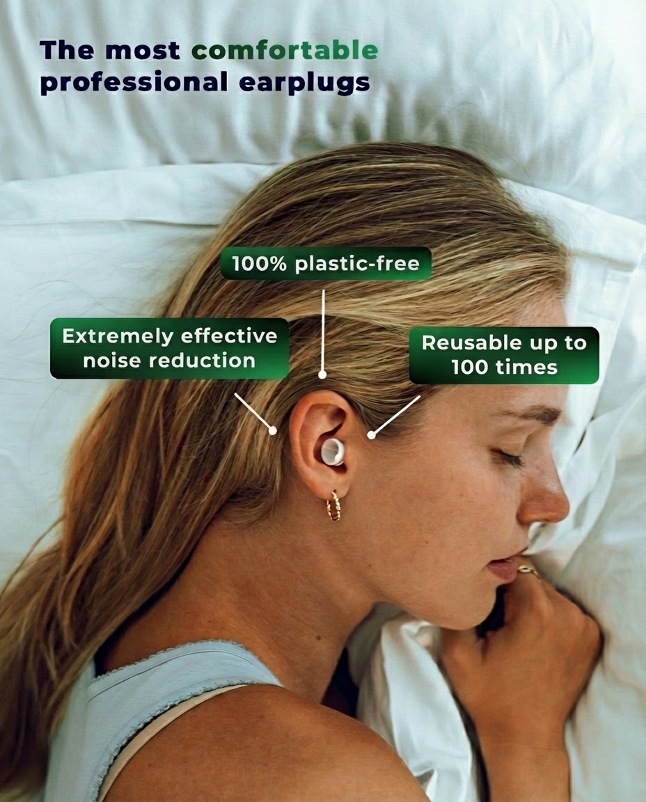 A close-up photograph of a woman with blonde hair sleeping comfortably on white bedding, wearing a small, white, in-ear earplug. Text overlays around her state, "The most comfortable professional earplugs" at the top. Three green rectangular boxes with white text and white pointers indicate features: "Extremely effective noise reduction," "100% plastic-free," and "Reusable up to 100 times." The pointers from the boxes are directed towards the earplug in her ear.