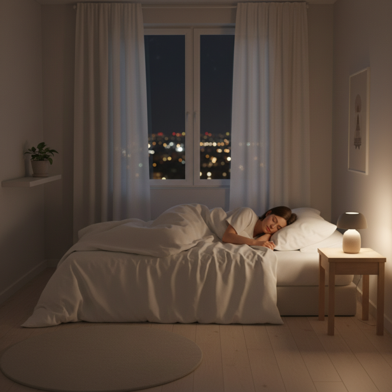 Person sleeping peacefully in a quiet bedroom with soft lamp light and city lights visible through curtains
