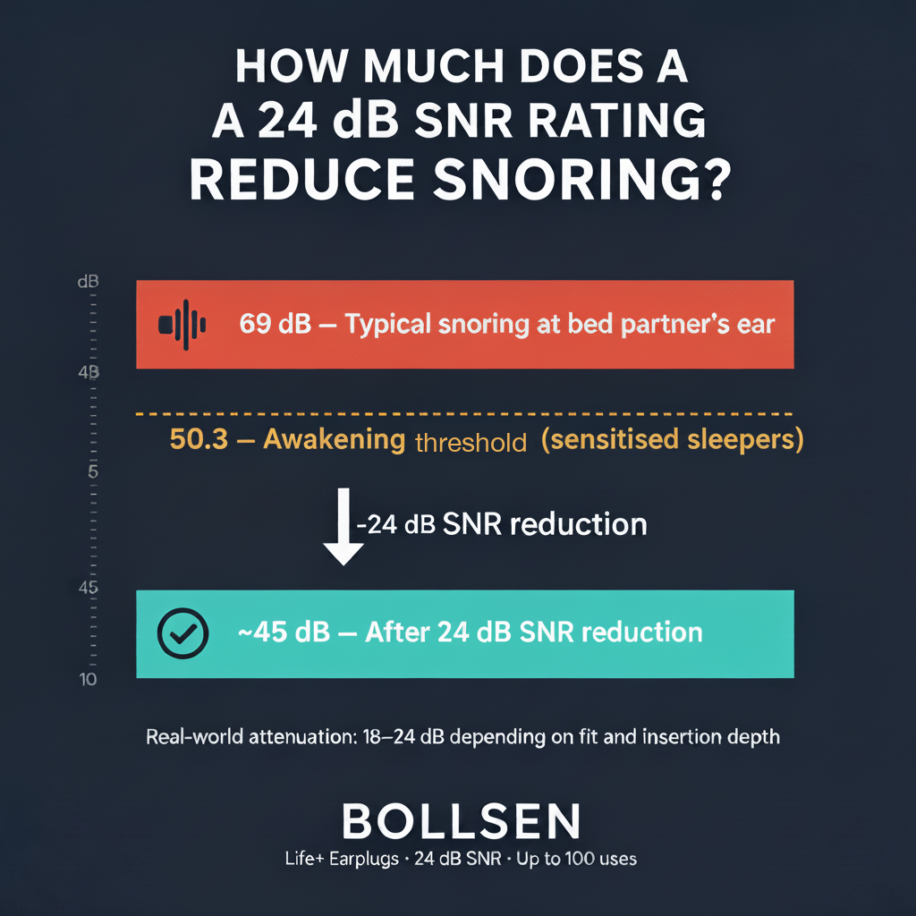 Infographic showing how Bollsen Life+ 24 dB SNR reduces typical snoring from 69 dB to approximately 45 dB, below the 50.3 dB awakening threshold