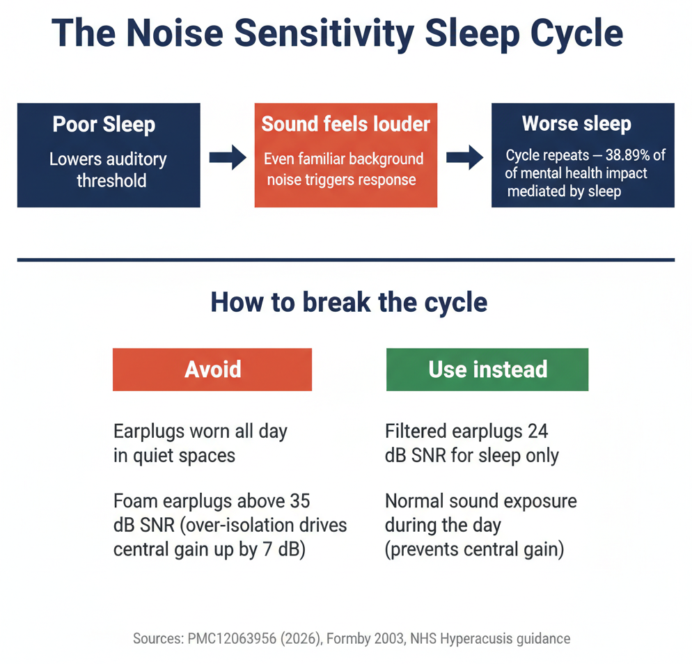 Infographic showing the noise sensitivity sleep cycle: poor sleep lowers auditory threshold, sound feels louder, leading to worse sleep, and how filtered 24 dB SNR earplugs for sleep only break the cycle