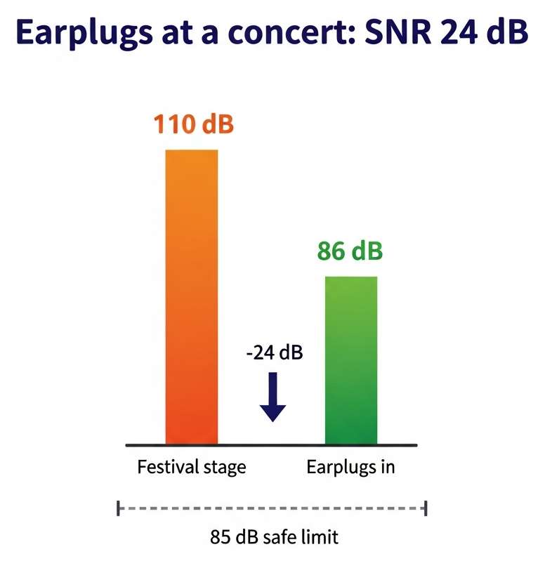Infographic showing how SNR 24 dB earplugs reduce a 110 dB festival stage to 86 dB, close to the 85 dB safe limit