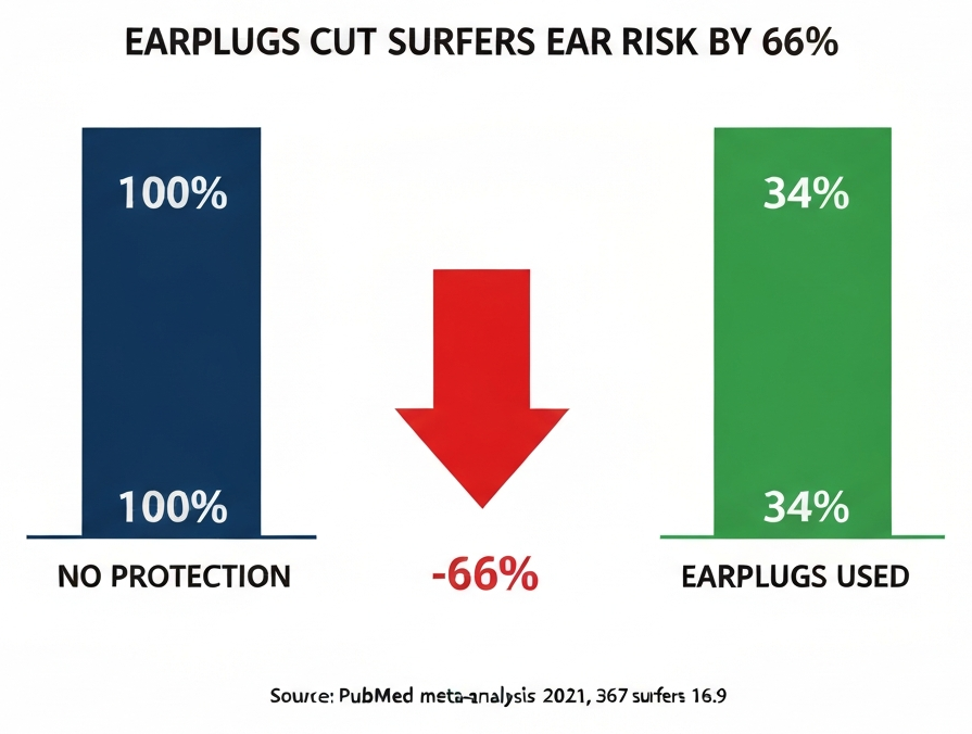 Infographic showing earplugs cut surfers ear exostosis risk by 66 percent versus no protection, based on PubMed 2021 meta-analysis of 367 surfers
