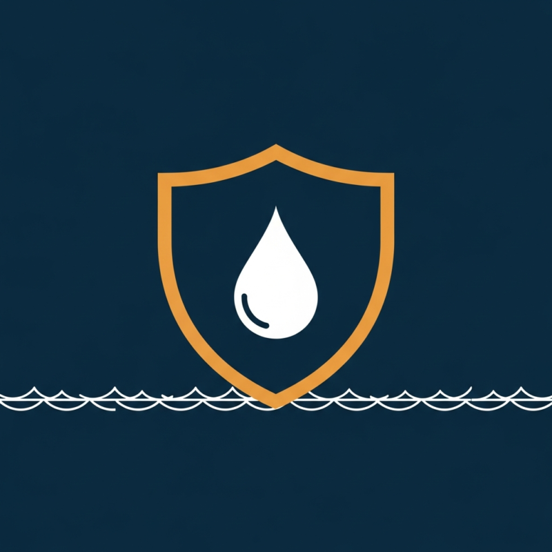 Poster of a shield containing a water droplet above stylised waves, symbolising safety in water