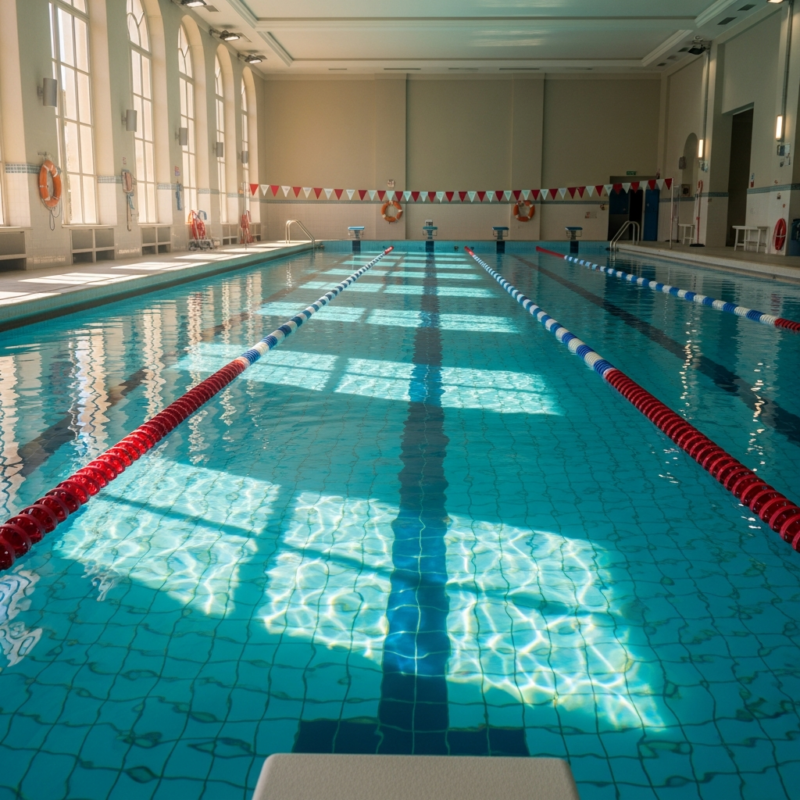Empty indoor swimming pool at early morning with clear turquoise water and lane ropes converging into the distance