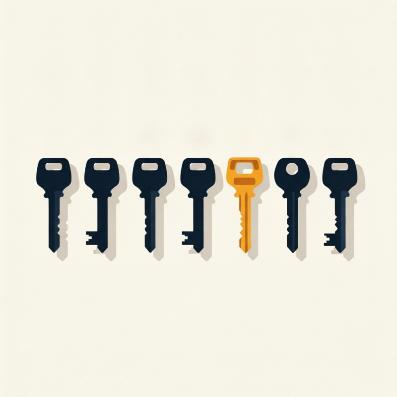 Row of identical navy keys with one uniquely shaped amber key standing out, symbolising custom versus universal fit