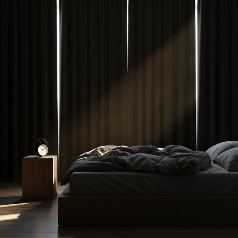 Dim bedroom at midday with bright daylight glowing around the edges of heavy blackout curtains and an analog clock on the nightstand