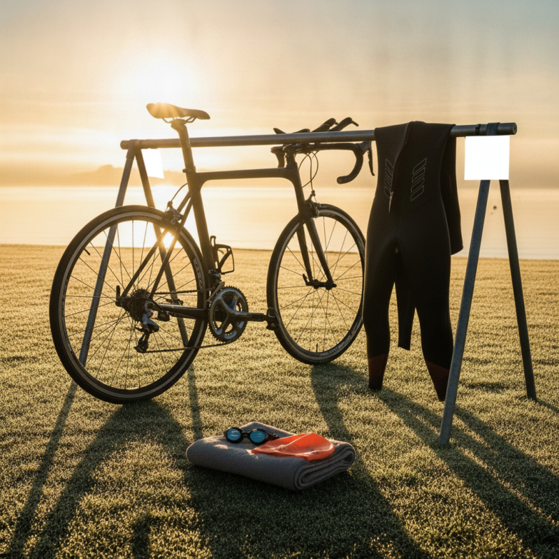 Triathlon transition area at sunrise with a racing bike on the rack, wetsuit, goggles and orange swim cap by calm open water