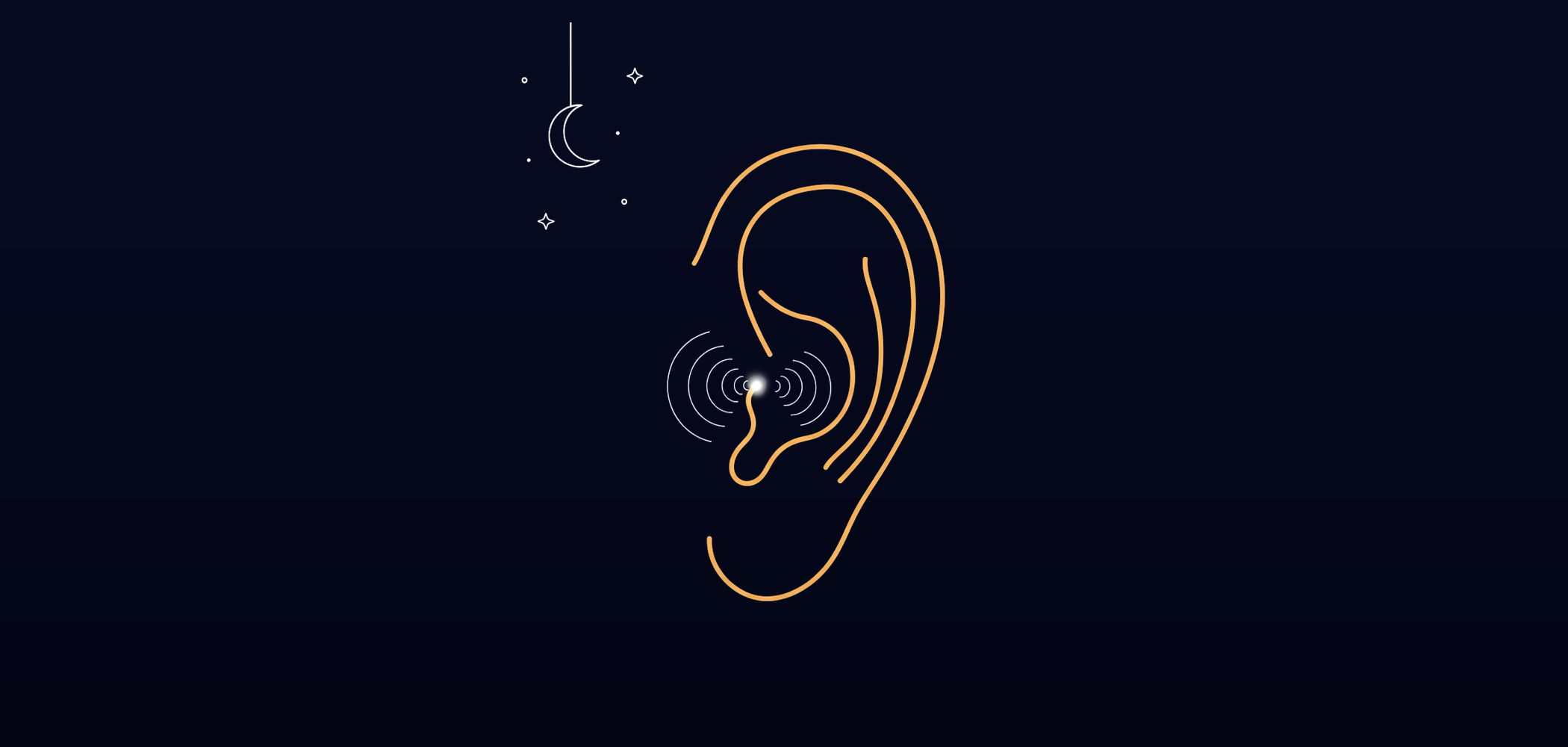 Line art of an ear with sound rings radiating from inside it under a crescent moon, symbolising tinnitus ringing at night