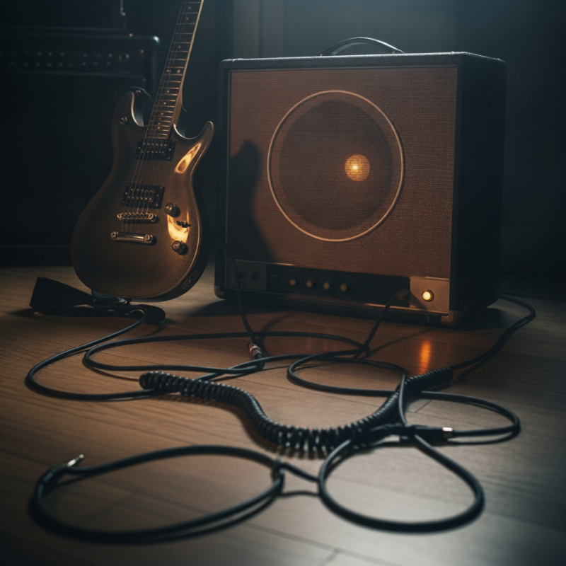 Electric guitar leaning against a glowing vintage amplifier in a moody rehearsal room