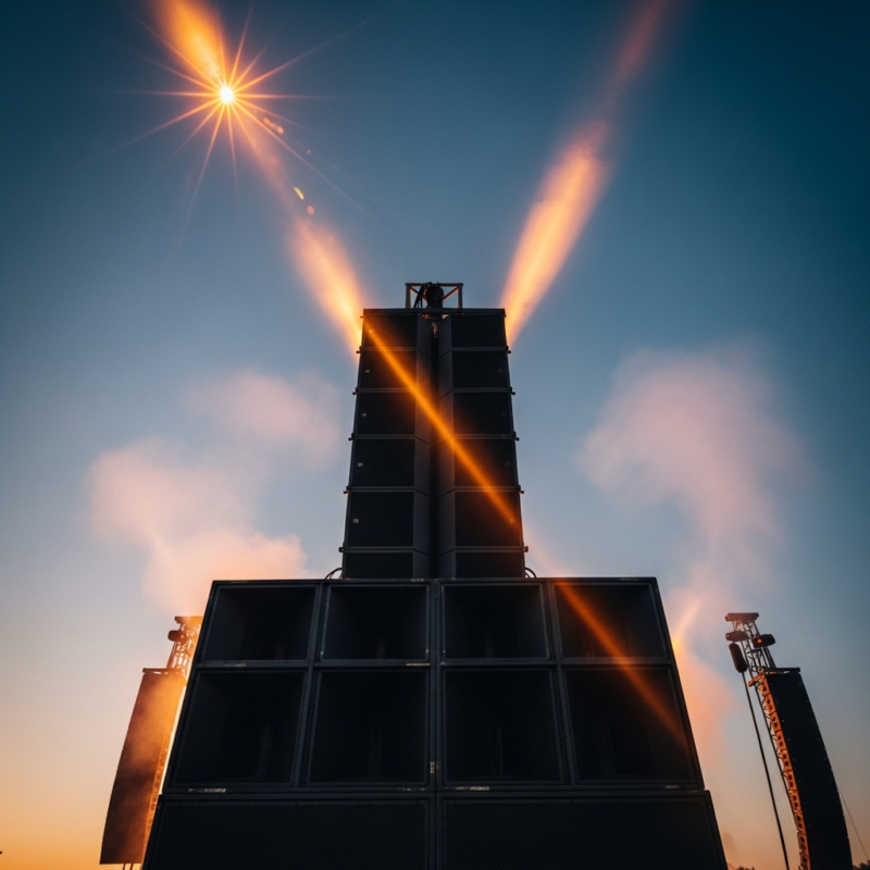 Festival main-stage speaker stack towering against a dusk sky with amber stage lights cutting through haze