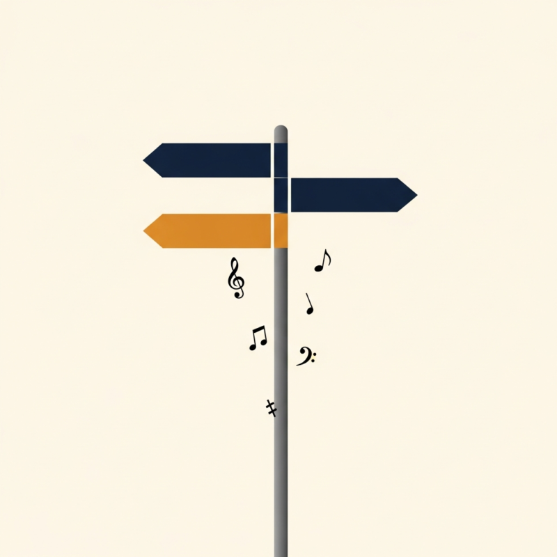 Signpost with three blank arrows, one amber, surrounded by floating musical notes, symbolising choosing a direction