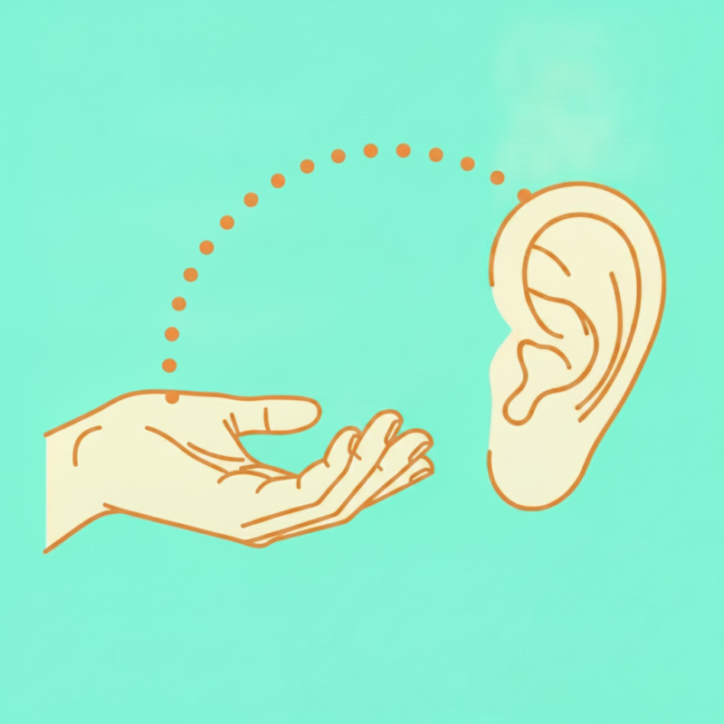 Line art of a hand and an ear connected by a dotted arc path on an aqua background