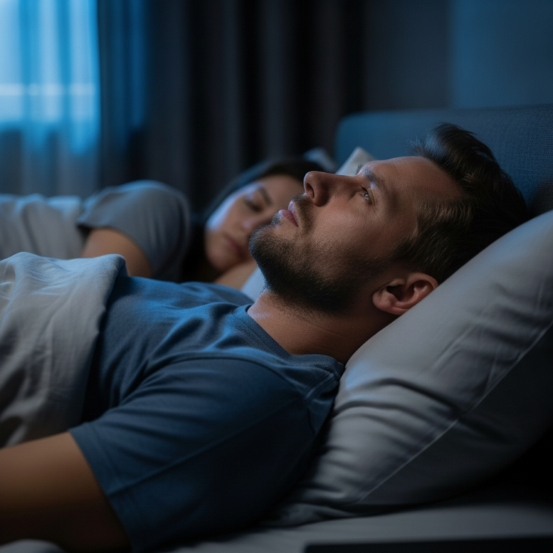 Man lying awake in bed at night staring at the ceiling in blue moonlight while his partner sleeps beside him