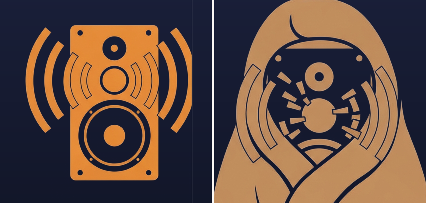 Poster of two loudspeakers, one emitting crisp sound arcs and one wrapped in a blanket emitting muffled arcs