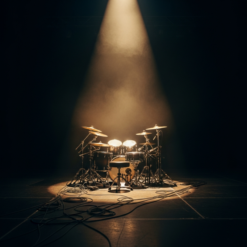 Drum kit standing alone under a single spotlight on an empty hazy concert stage