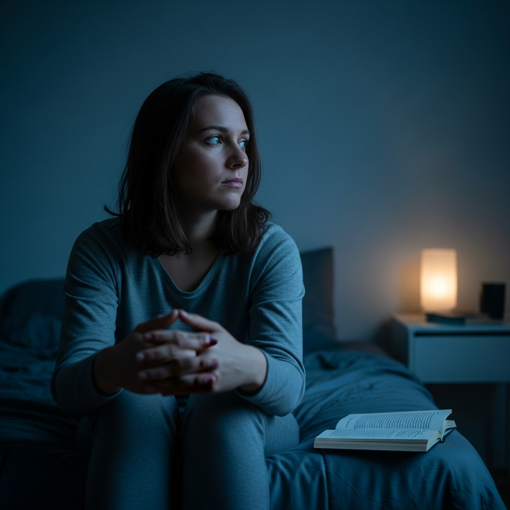 Woman sitting awake on the edge of her bed at night in dim blue light with a warm bedside lamp glowing