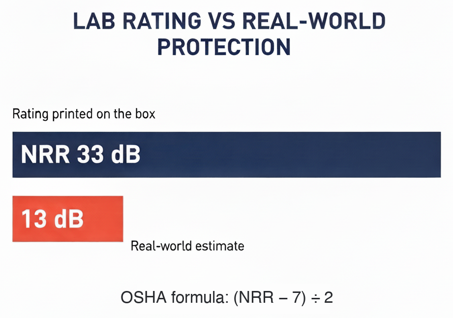 Infographic comparing the NRR 33 dB lab rating printed on an earplug box with the roughly 13 dB real-world protection estimated by the OSHA formula (NRR minus 7) divided by 2
