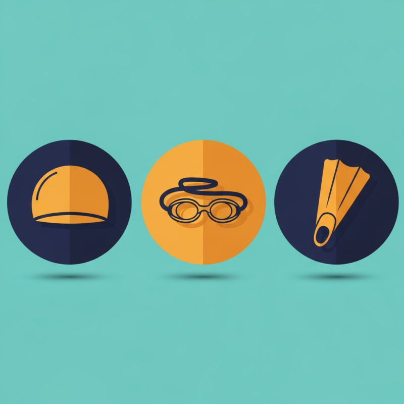 Poster of three circles containing a swim cap, goggles and a swim fin, symbolising different types of swimming gear