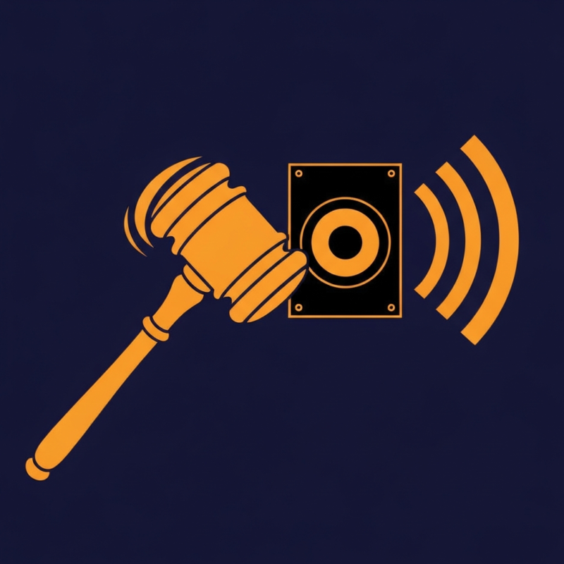 Poster of a judge's gavel beside a loudspeaker emitting sound arcs, symbolising noise law for music venues