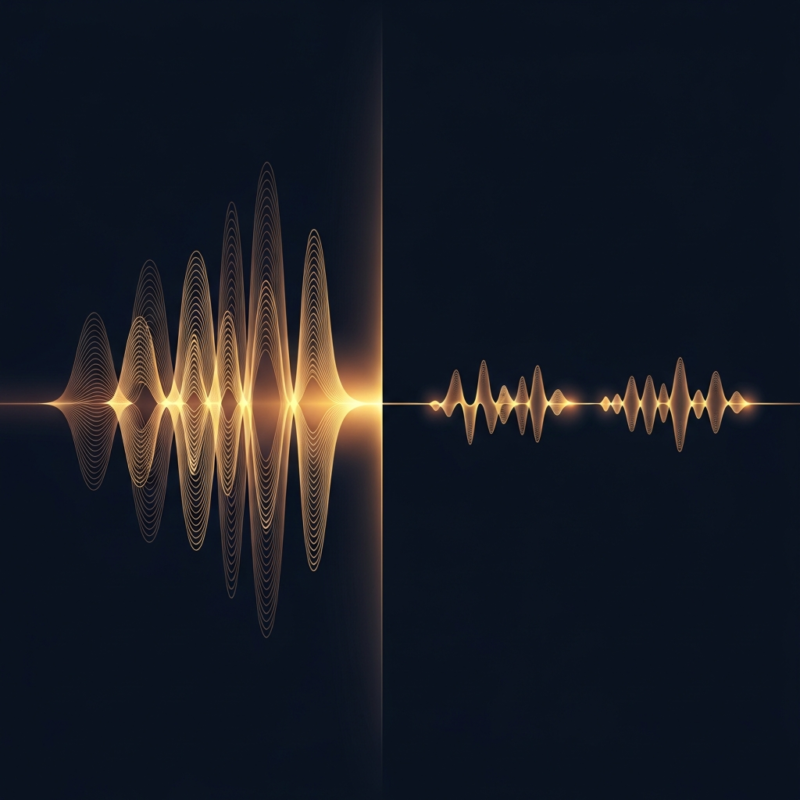 Abstract illustration of large sound waves passing through a filter and emerging smaller and calmer, visualising high-fidelity sound attenuation