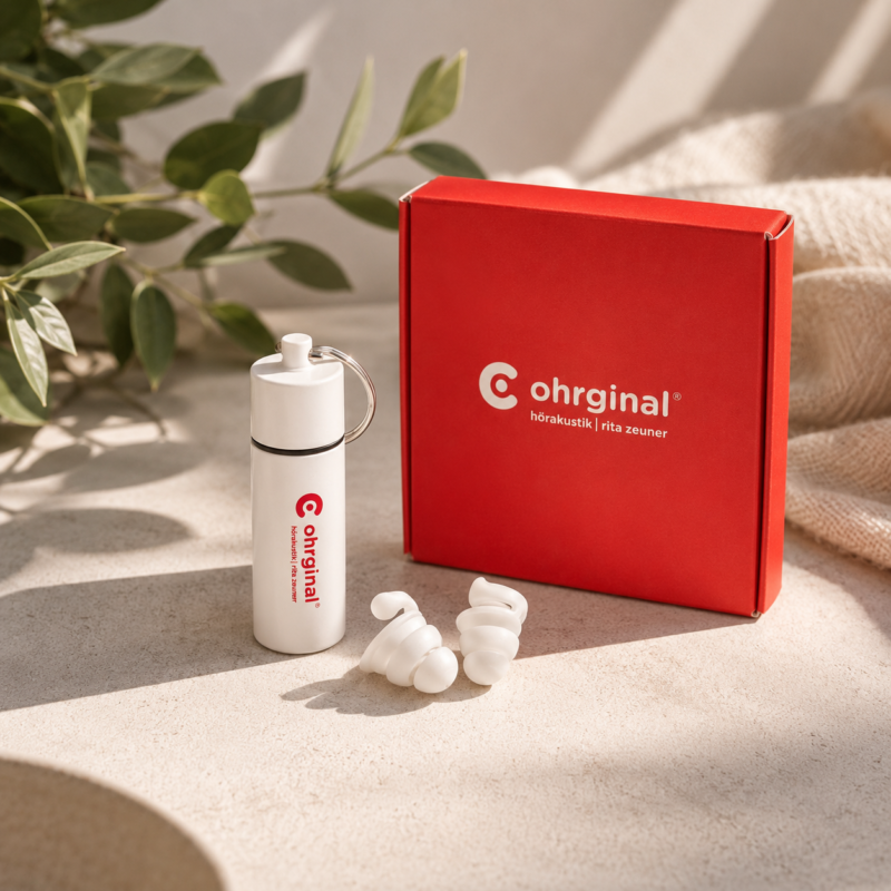 Ohrginal branded reusable silicone earplugs with white keychain case and red gift box, the white-label Bollsen protector made for hearing specialist Rita Zeuner