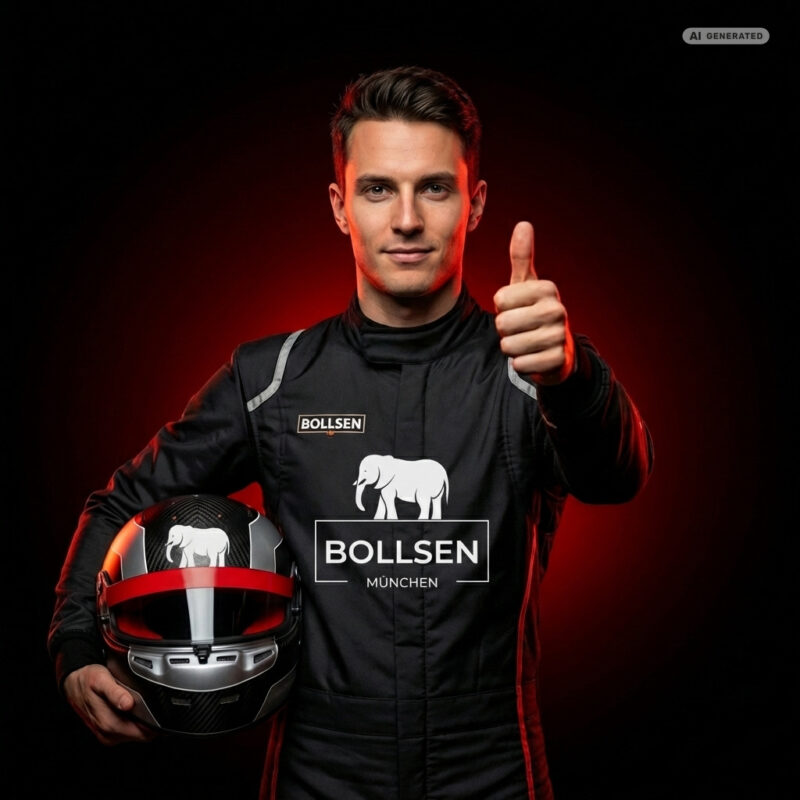 A medium shot photograph shows a young male race car driver with a slight smile, wearing a black racing suit with red trim and "BOLLSEN MÜNCHEN" logos featuring a white elephant. He gives a thumbs-up with his right hand and holds a black and silver crash helmet with a red visor and a "BOLLSEN" logo in his left arm. He stands against a dark background with dramatic red backlighting.