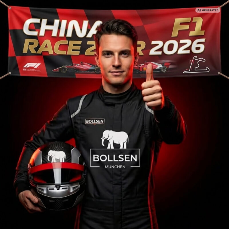 A man in a black racing suit with "BOLLSEN" and elephant logos gives a thumbs-up, holding a helmet. Above him is a red, black, and gold banner reading "CHINA RACE 2 F1 2026," featuring race cars and a circuit map.