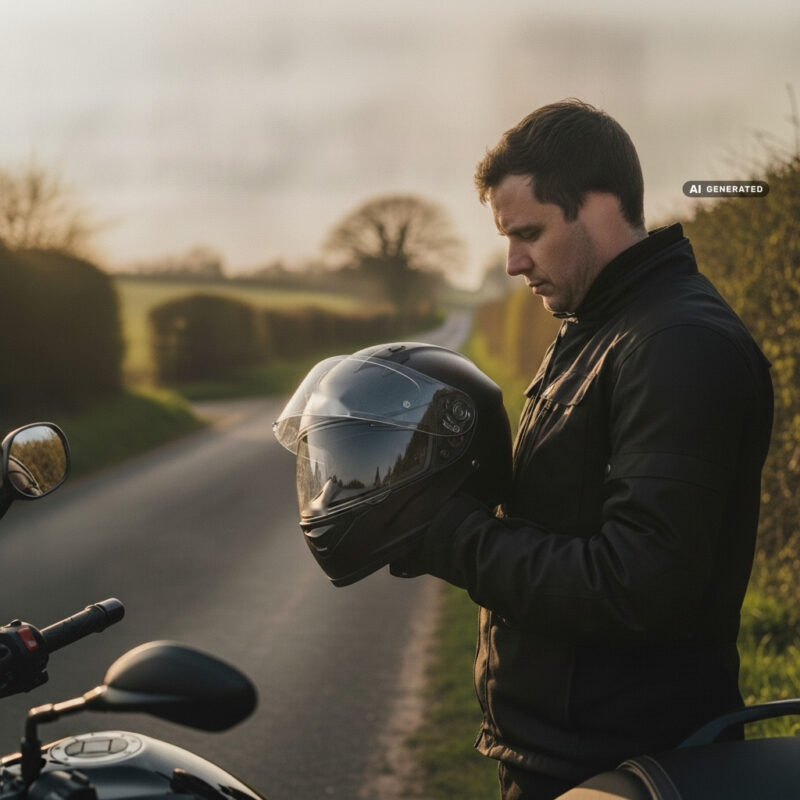 Motorcyclist standing beside a parked bike on a country road at golden hour, holding a full-face helmet in both hands and looking at it before setting off.