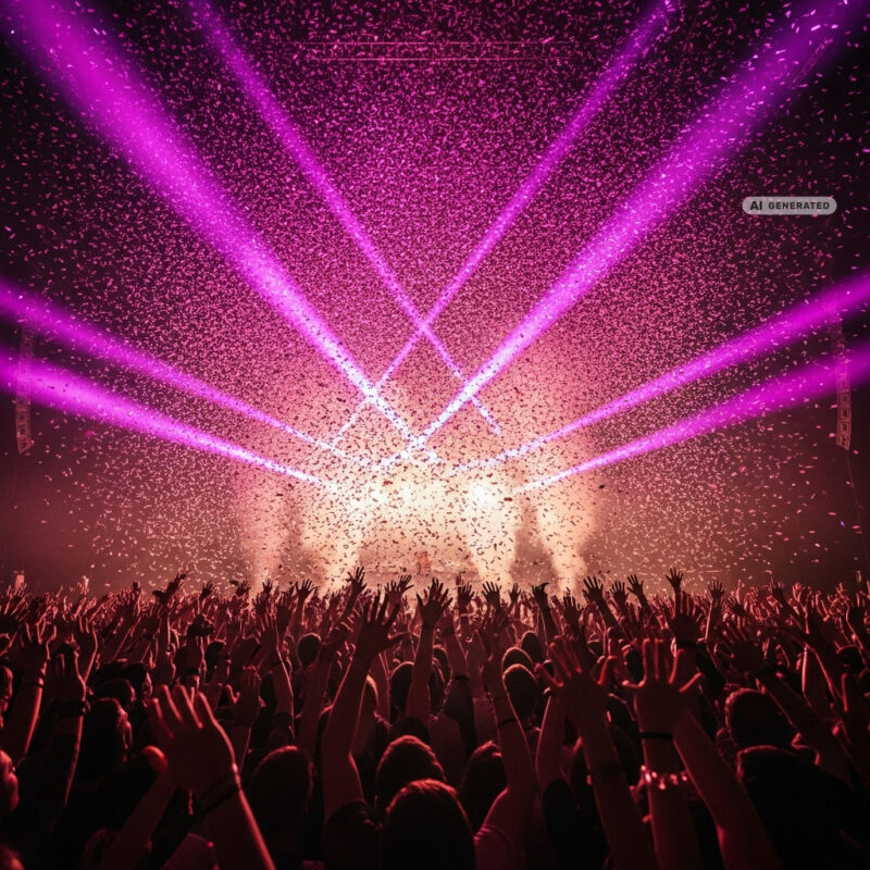 Concert crowd with raised hands under falling confetti and magenta stage lights