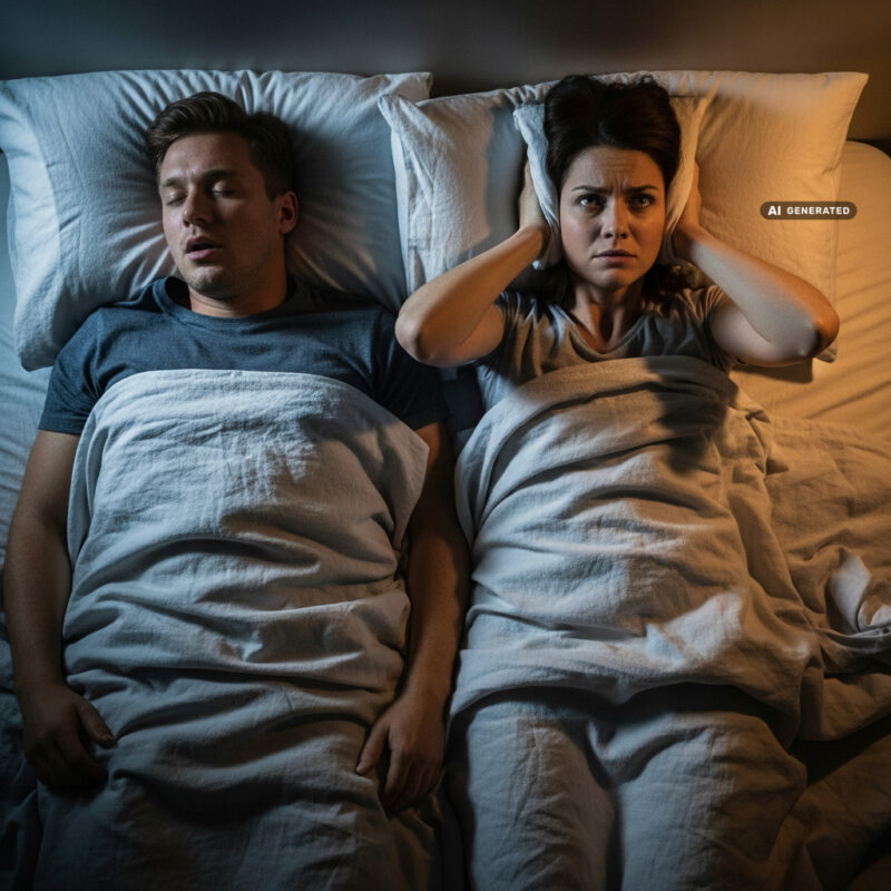Overhead view of a couple in bed at night, the man asleep snoring while the woman lies awake pressing a pillow over her ears
